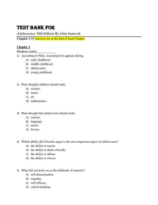 Test Bank For Adolescence 18th Edition By John Santrock Chapter 1-13