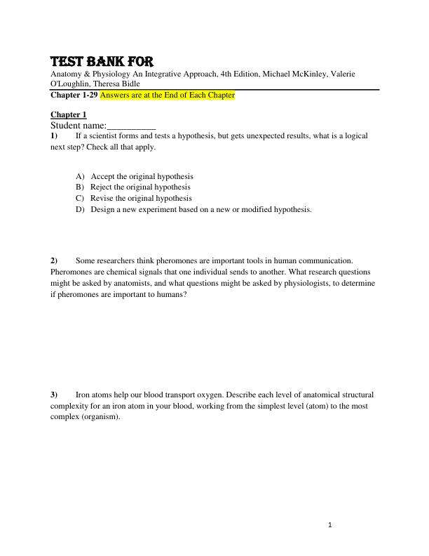 Test Bank For Anatomy & Physiology An Integrative Approach, 4th Edition by Michael McKinley, Valerie O'Loughlin, Theresa Bidle Chapter 1-29