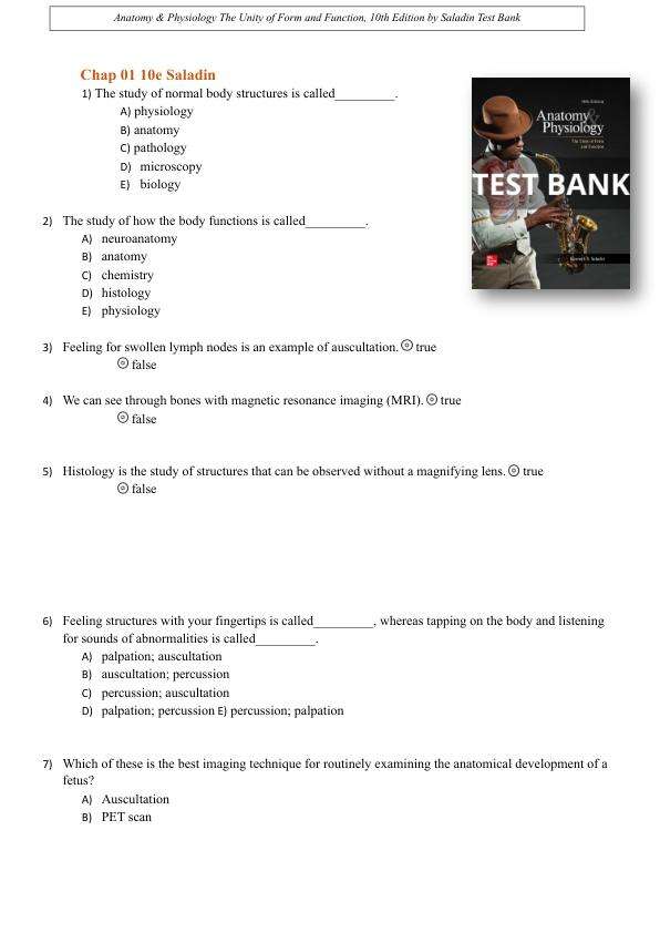 Test Bank For Anatomy & Physiology The Unity of Form and Function, 10th Edition by Saladin