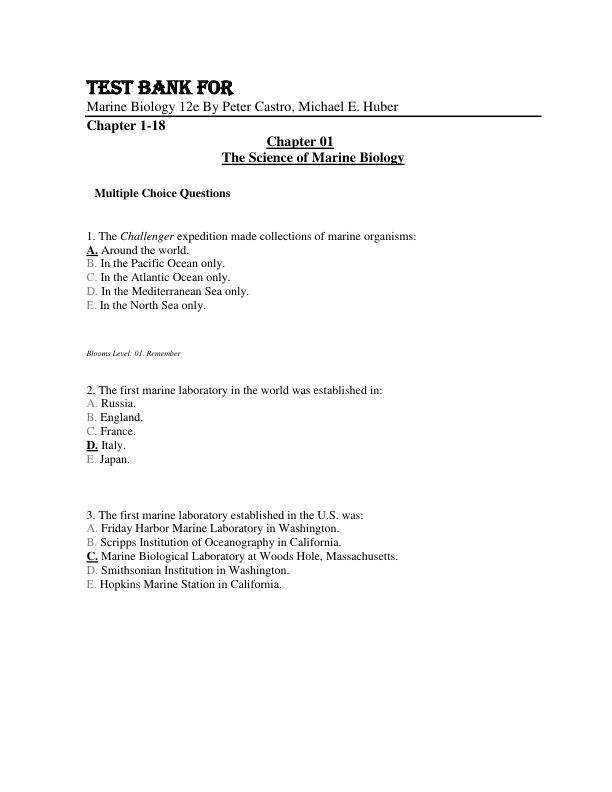 Test Bank For Marine Biology 12th Edition By Peter Castro, Michael E. Huber Chapter 1-18