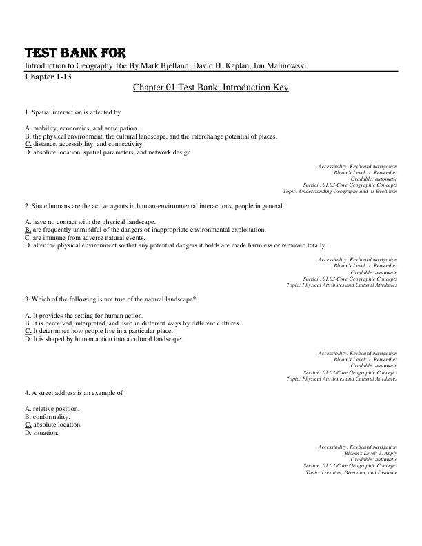 Test Bank For Introduction to Geography 16th Edition By Mark Bjelland, David H. Kaplan, Jon Malinowski Chapter 1-13