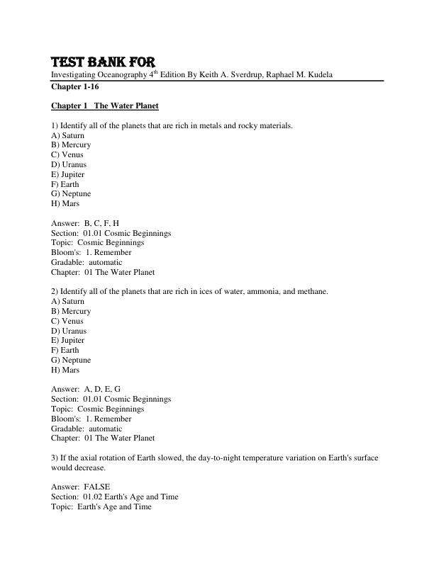 Test Bank For Investigating Oceanography 4th Edition By Keith A. Sverdrup, Raphael M. Kudela Chapter 1-16