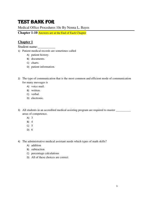 Test Bank For Medical Office Procedures 10th Edition By Nenna L. Bayes Chapter 1-10