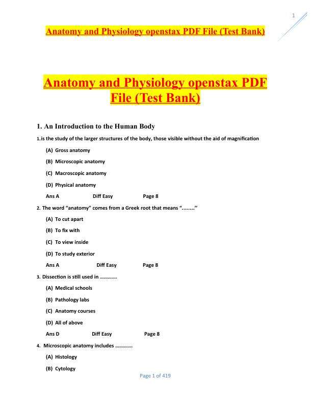 Test Bank For Anatomy and Physiology 1st Edition by OpenStax