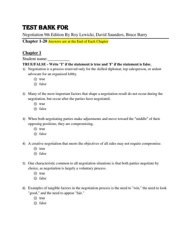 Test Bank For Negotiation 9th Edition By Roy Lewicki, David Saunders, Bruce Barry Chapter 1-20