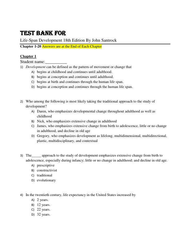 Test Bank For Life-Span Development 18th Edition By John Santrock Chapter 1-20