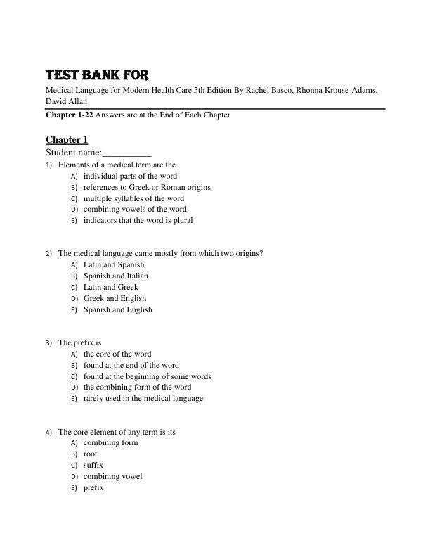 Test Bank For Medical Language for Modern Health Care 5th Edition By Rachel Basco, Rhonna Krouse-Adams, Dav Chapter 1-22
