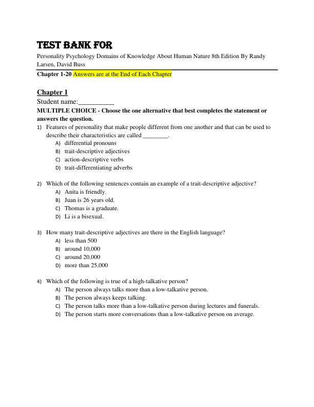 Test Bank For Personality Psychology Domains of Knowledge About Human Nature 8th Edition By Randy Larsen, David Buss Chapter 1-20