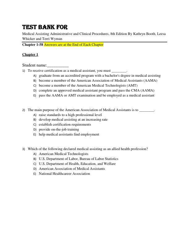 Test Bank For Medical Assisting Administrative and Clinical Procedures, 8th Edition By Kathryn Booth, Leesa Whicker and Terri Wyman Chapter 1-58