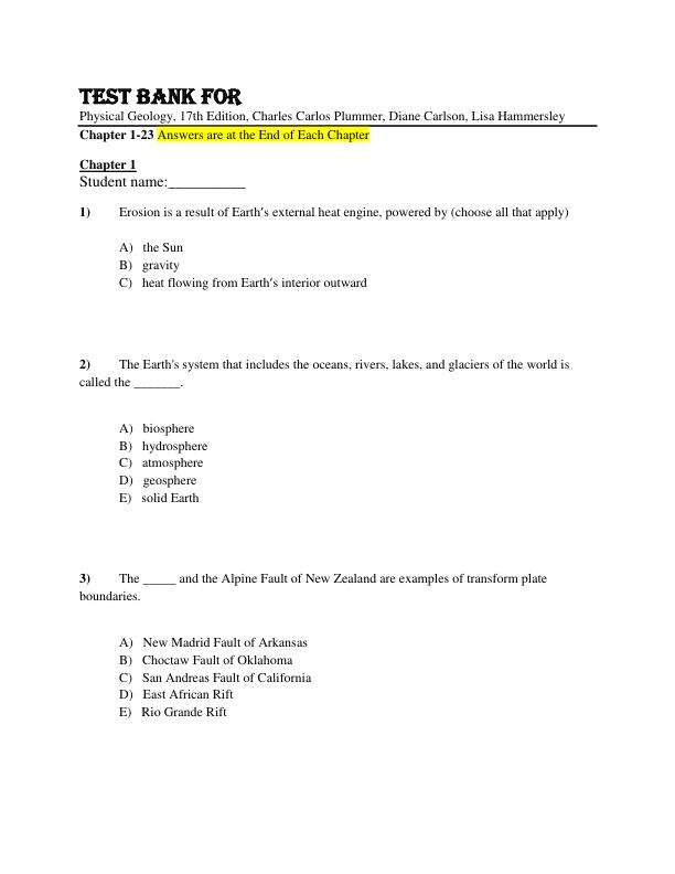 Test Bank For Physical Geology, 17th Editio by Charles (Carlos) Plummer, Diane Carlson, Lisa Hammersley Chapter 1-23