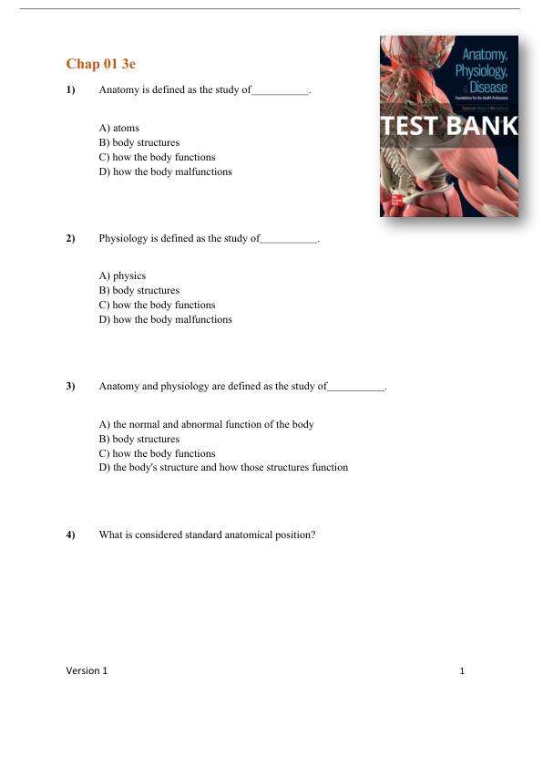 Test Bank For Anatomy, Physiology, and Disease Foundations for the Health Professions 3rd edition Deborah Roiger