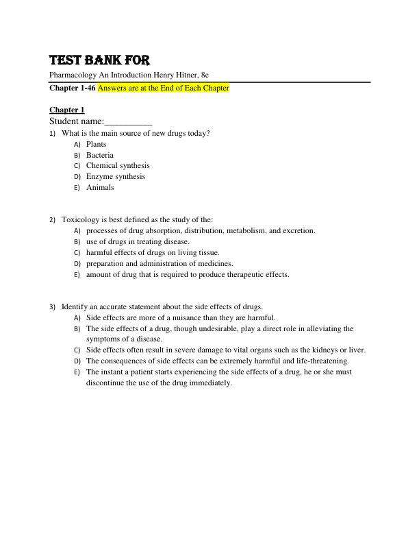 Test Bank For Pharmacology An Introduction Henry Hitner, 8th Edition by Chapter 1-46