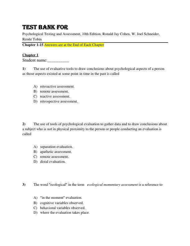 Test Bank For Psychological Testing and Assessment, 10th Edition by Ronald Jay Cohen, W. Joel Schneider, Renée Tobin Chapter 1-15