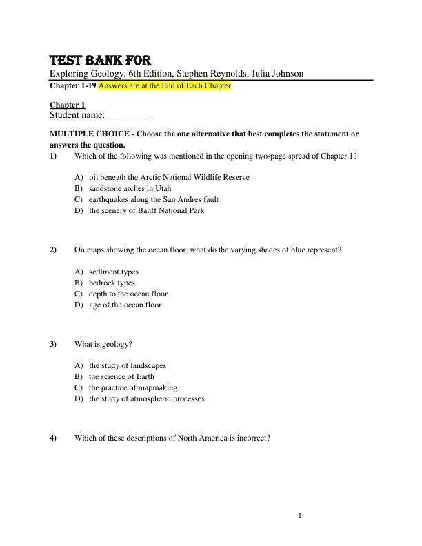 Test Bank For Exploring Geology, 6th Edition by Stephen Reynolds, Julia Johnson Chapter 1-19