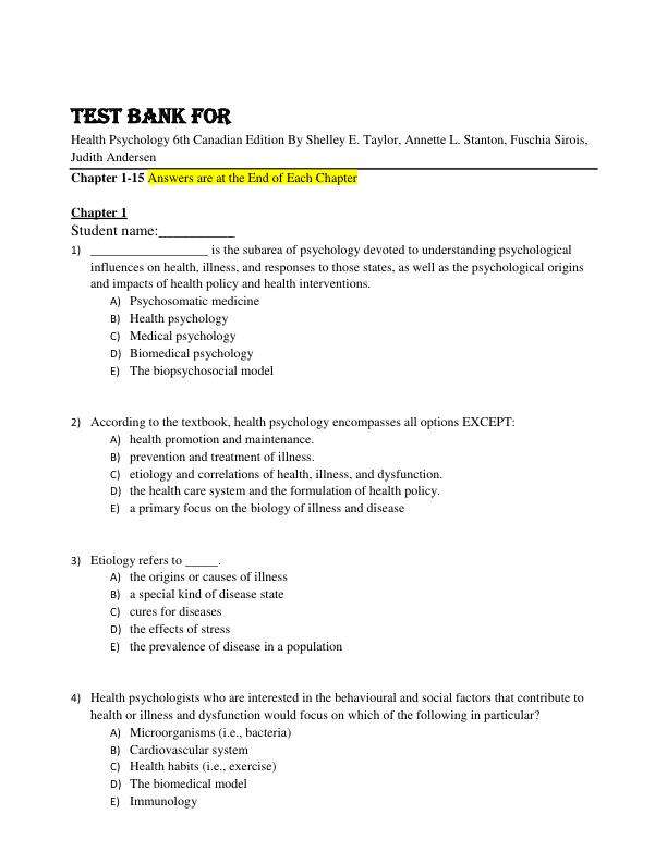 mobile-preview-Test Bank For Health Psychology 6th Canadian Edition By Shelley E. Taylor, Annette L. Stanton, Fuschia Sirois, Judith Andersen Chapter 1-15