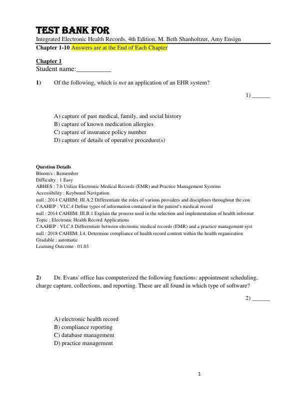 Test Bank For Integrated Electronic Health Records, 4th Edition by M. Beth Shanholtzer, Amy Ensign Chapter 1-10