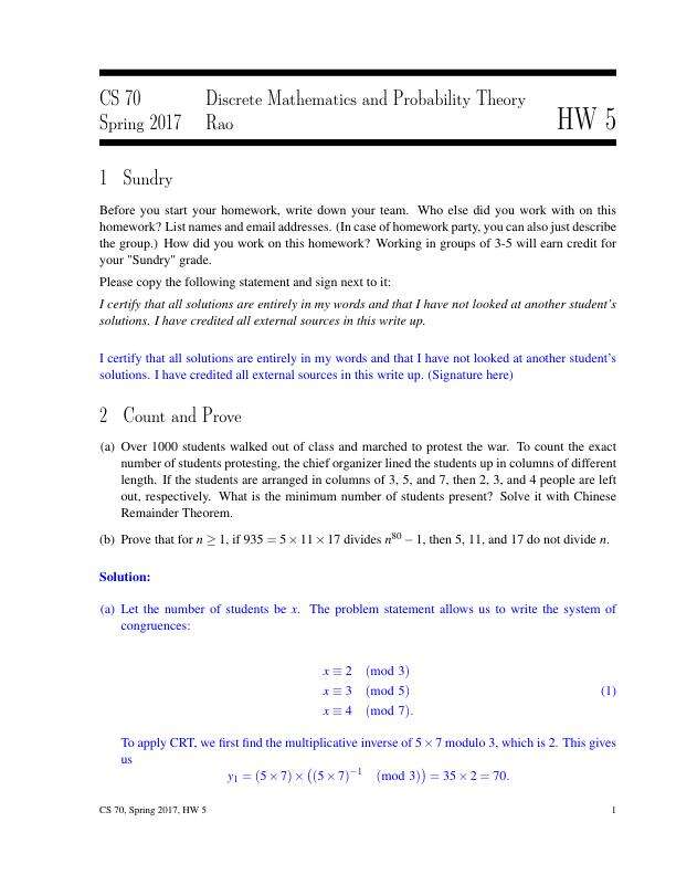 CS 70 Discrete Mathematics and Probability Theory Spring 2017 Rao