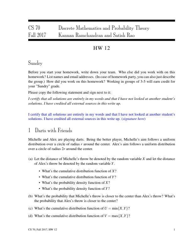CS 70 Fall 2017 Discrete Mathematics and Probability Theory  Kannan Ramchandran and Satish Rao