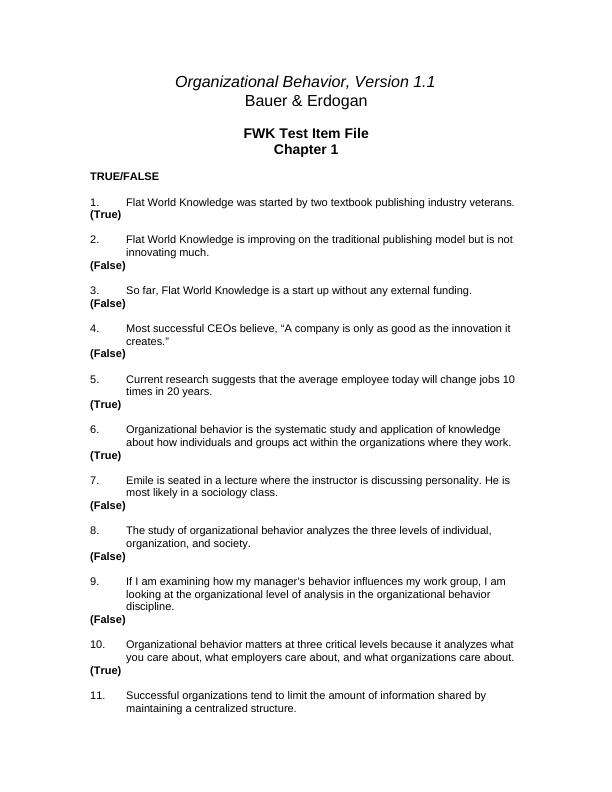 Organizational Behavior, Version 1.1 Bauer & Erdogan FWK Test Item File All Chapters