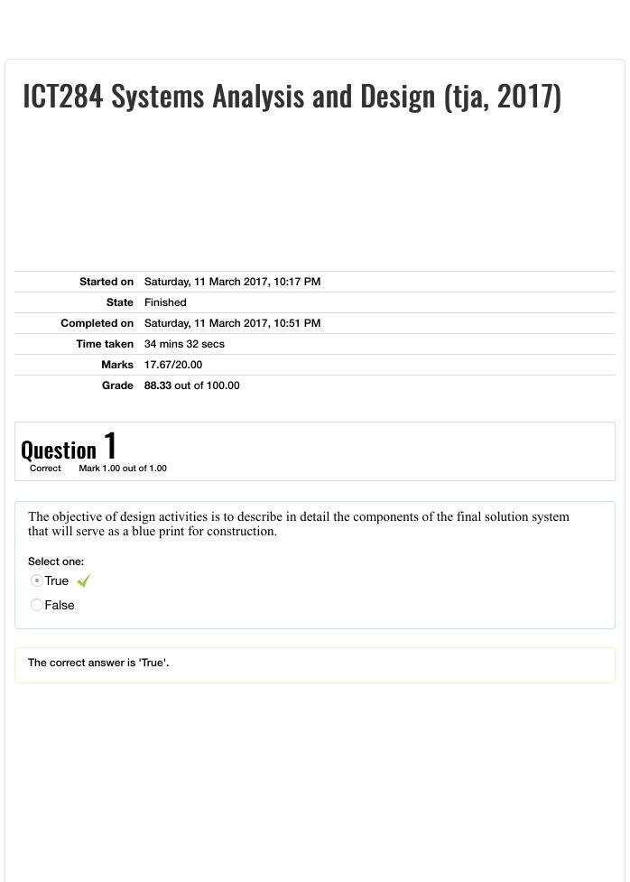 ICT 284 Quiz 7 final with score ICT284 Systems Analysis and Design