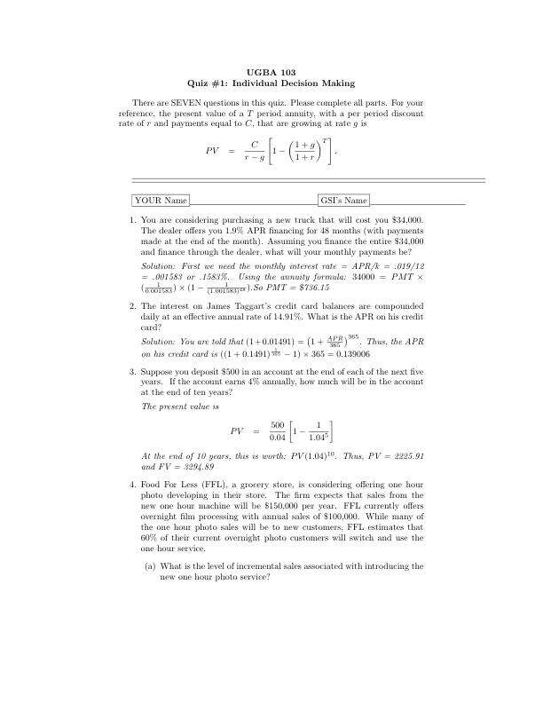 UGBA 103 Quiz #1 Individual Decision Making