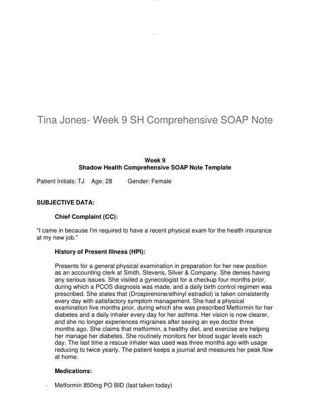 Week 9 Shadow Health Comprehensive SOAP Note Template