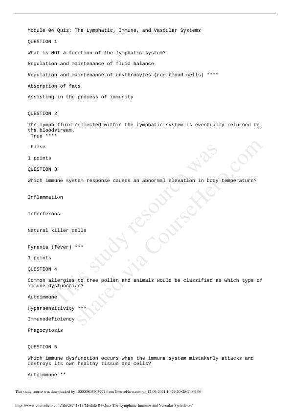 Module 04 Quiz The Lymphatic, Immune, and Vascular Systems