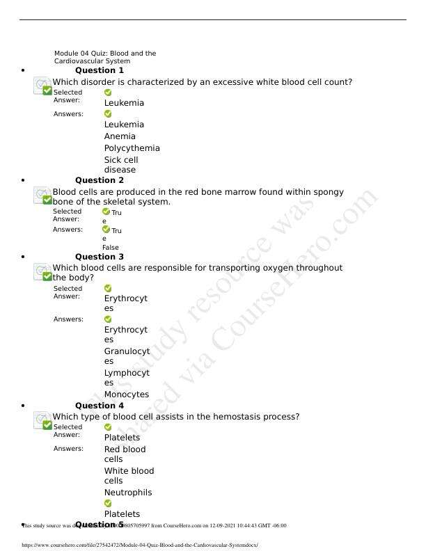 Module 04 Quiz Blood and the Cardiovascular System