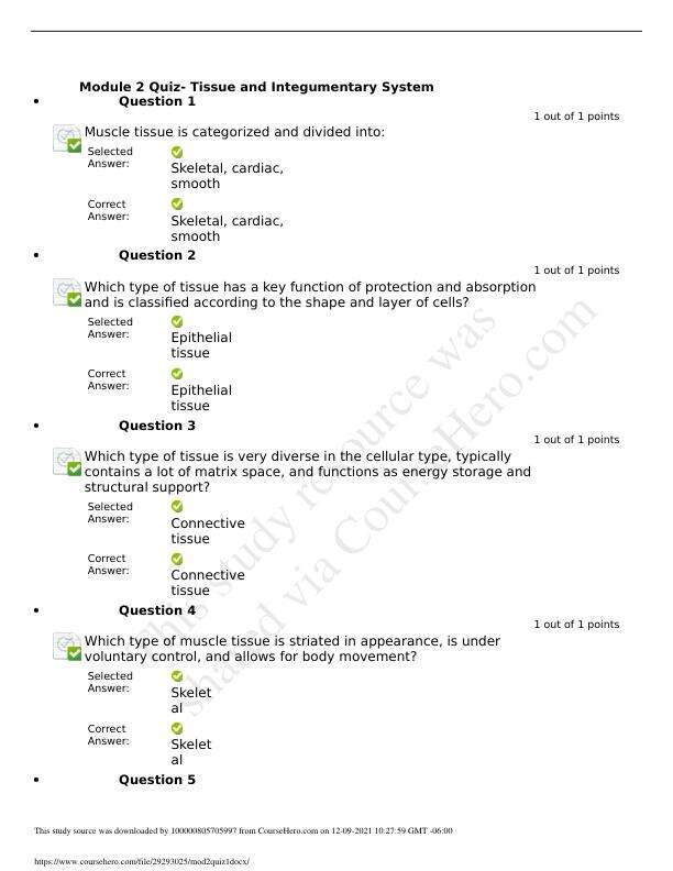 Module 2 Quiz 1 Tissue and Integumentary System