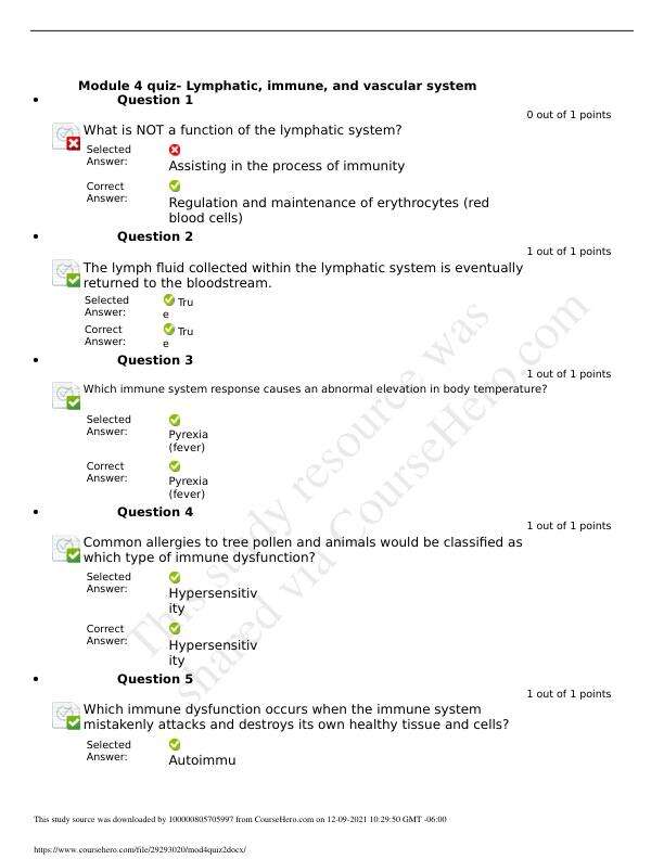 Module 4 quiz- Lymphatic, immune, and vascular system