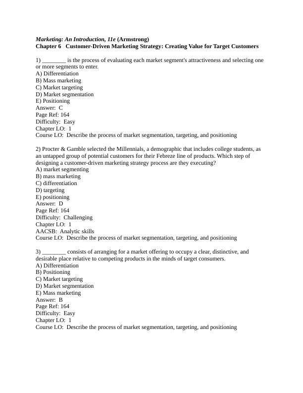 Marketing An Introduction, 11e Ch 6,7,8,9, Chapter 6 Customer-Driven Marketing Strategy Creating Value for Target Customers