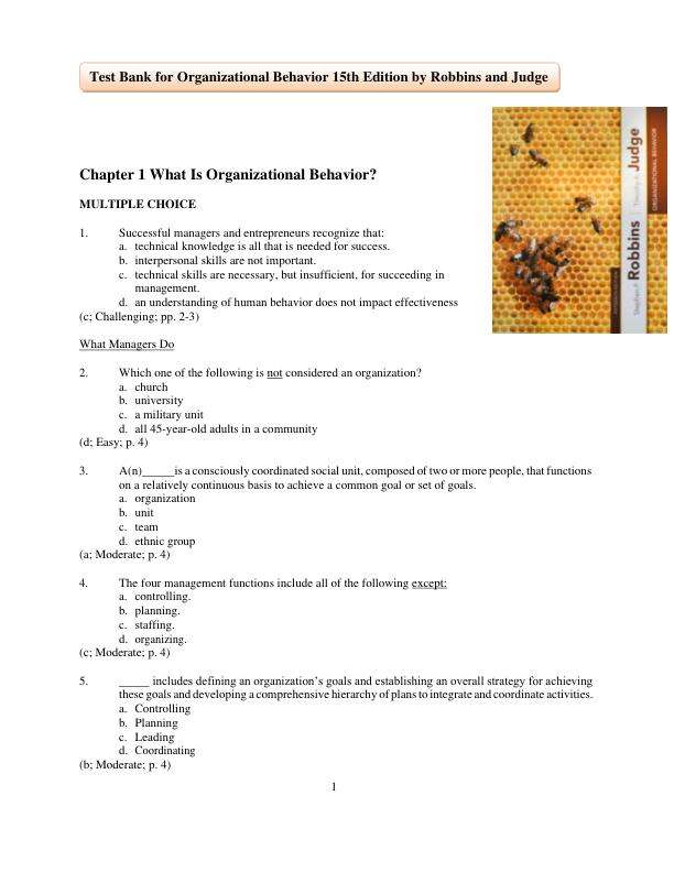 Test Bank for Organizational Behavior 15th Edition by Robbins and Judge