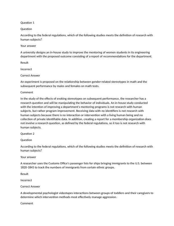 Citi Answers Question 1 According to the federal regulations, which of the following studies meets the definition of research with human subjects