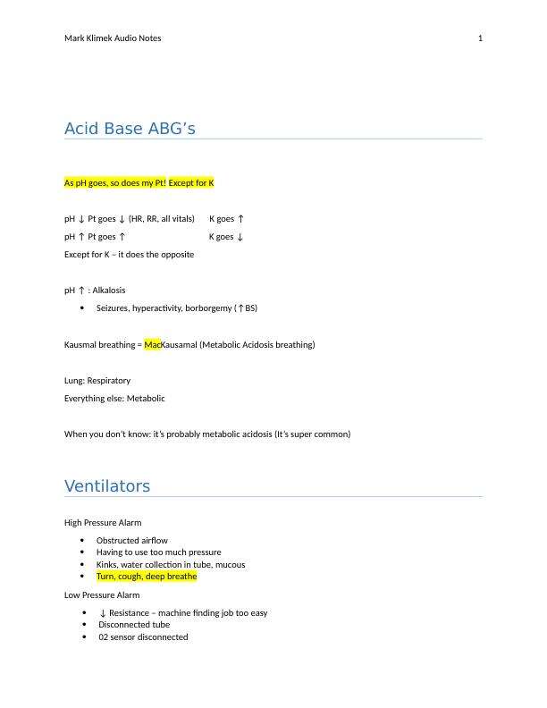 Mark Klimeks Audio Notes Acid Base ABG’s