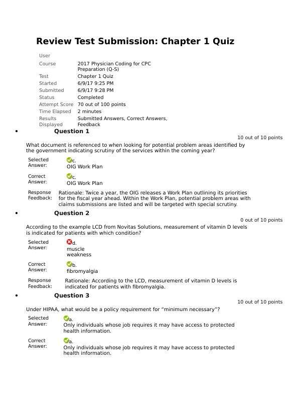 Review Test Submission Chapter 1 Quiz Physician Coding for CPC