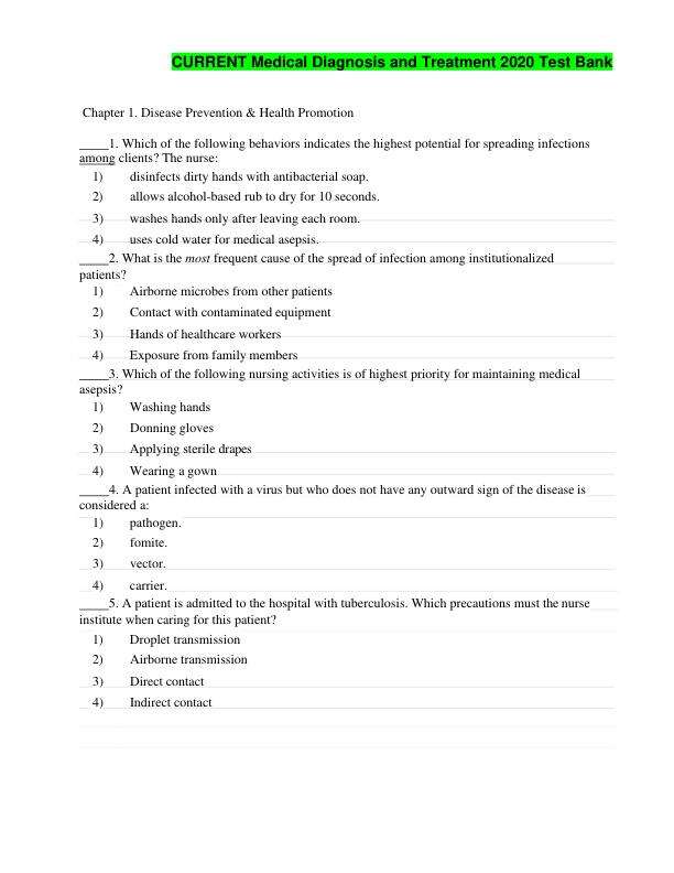 CURRENT Medical Diagnosis and Treatment 2020 Test Bank. Chapter 1. Disease Prevention & Health Promotion-converted