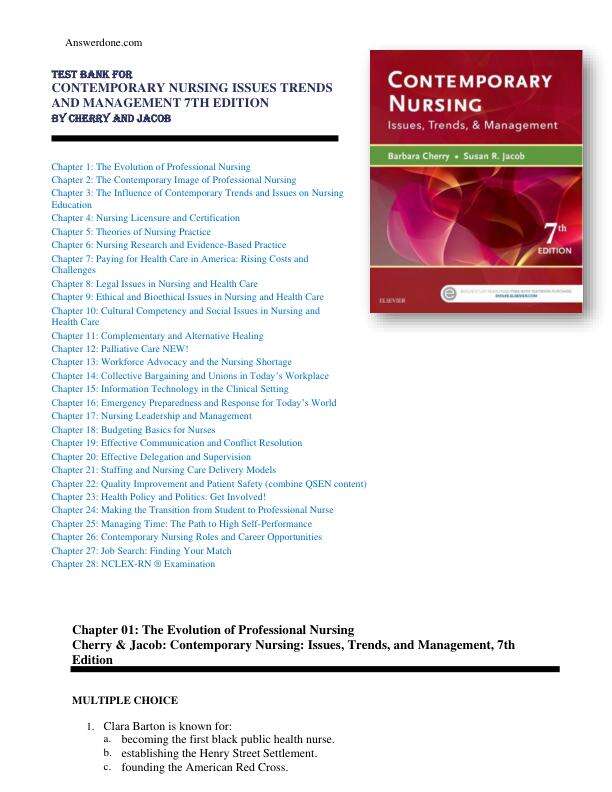 Test Bank For Contemporary Nursing Issues Trends And Management 7th Edition By Cherry And Jacob Chapter 1-28