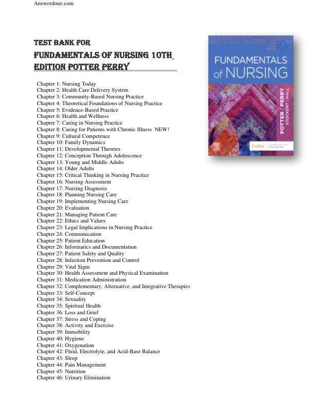 Test Bank for Fundamentals of Nursing 10th Edition Potter Perry Chapter 1-50 Complete Guide A+