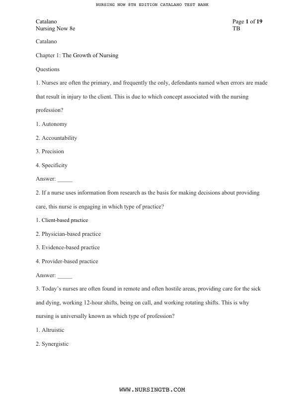 Nursing Now 8th Edition Test Bank FINAL TEST