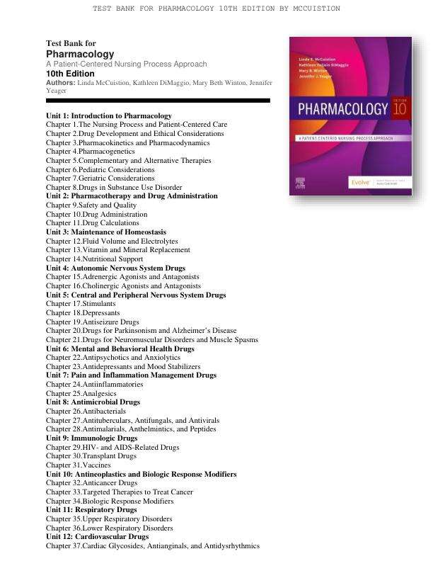 Test Bank for Pharmacology 10th Edition A Patient-Centered Nursing Process Approach By Linda McCuistion