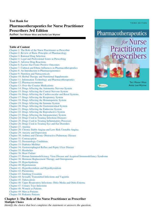 Test Bank for Pharmacotherapeutics for Nurse Practitioner Prescribers 3rd Edition by Woo