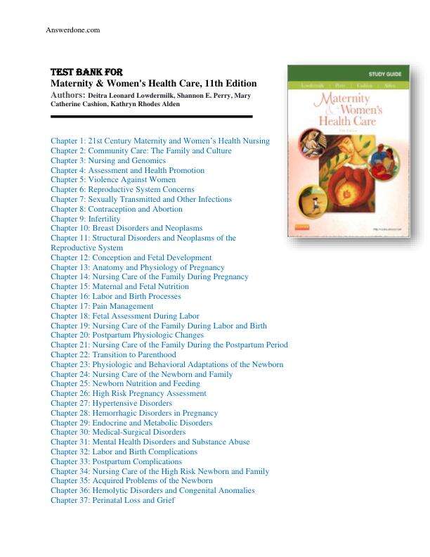 Test Bank for Maternity and Women's Health Care 11th Edition Lowdermilk Chapters 1-37 Complete Guide A+