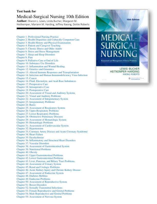 Test bank for Medical-Surgical Nursing 10th Edition By Lewis, Bucher, Heitkemper, Harding, Kwong, Roberts Chapter 1-68