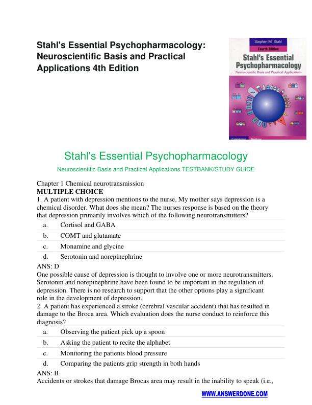 TESTBANK Stahls Essential Psychopharmacology 4th Edition Test Bank