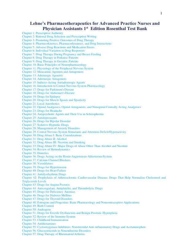Test Bank Lehne’s Pharmacotherapeutics for Advanced Practice Nurses and Physician Assistants 1st Edition Rosenthal  Test Bank Chapter 1-89 Complete Guide A+