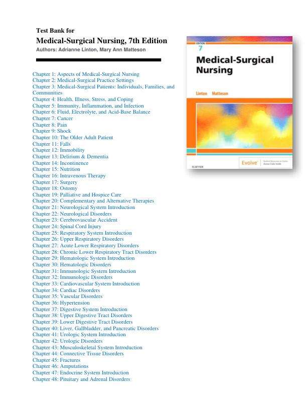 Test Bank Medical-Surgical Nursing 7th Edition by Linton Chapter 1-63 Complete Guide A+