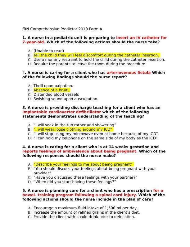 ATI RN Comprehensive Predictor 2019 Form A  RN Comprehensive ATI Predictor 2019 Form A  (180 Q&A) 100% CORRECT  VERIFIED AND RATED 100%