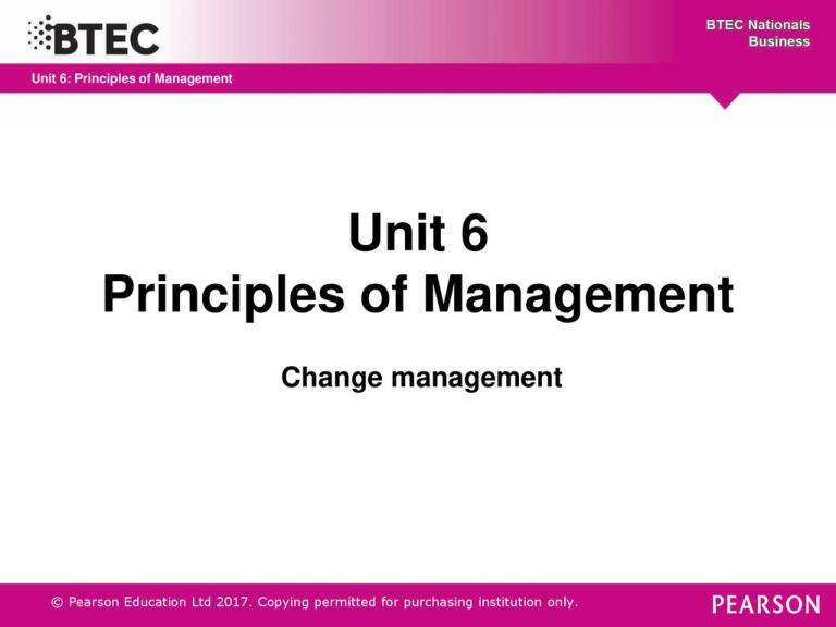 BTEC Nationals Business Unit 6 Principles Of Management. Change Management Presentation