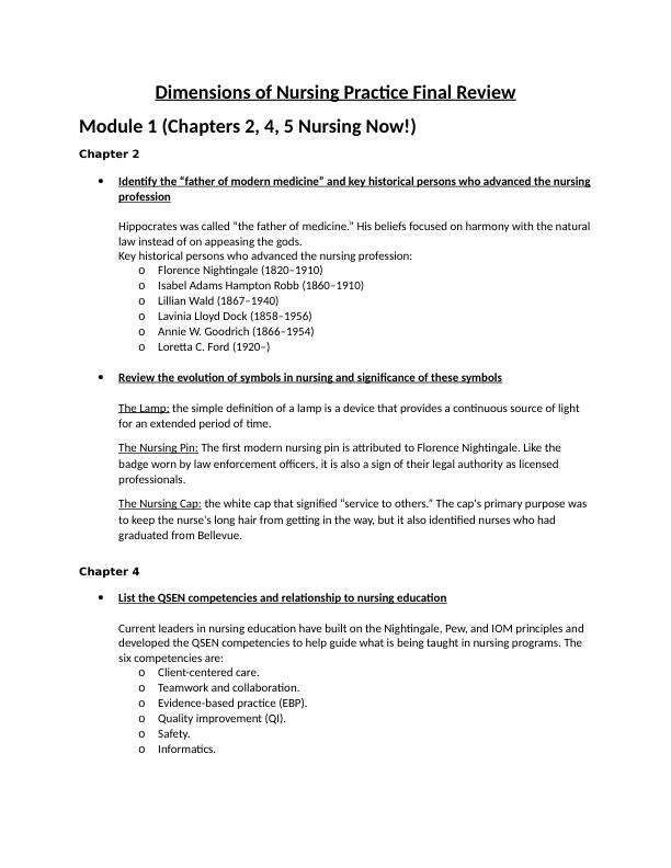 DIMENSION NUR2058 SNursing Dim. Final Exam