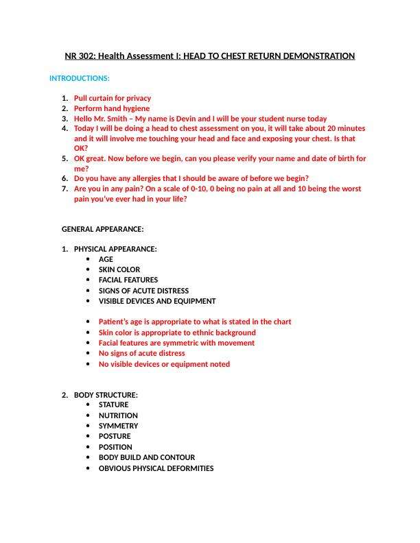 NR 302 Health Assessment I HEAD TO CHEST RETURN DEMONSTRATION